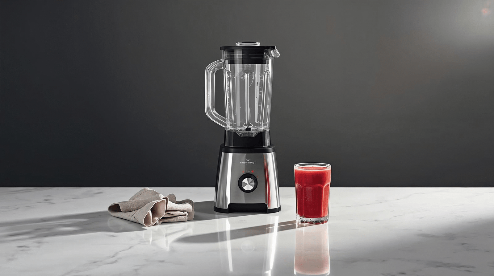 Ozelvia blender on marble in soft charcoal studio light